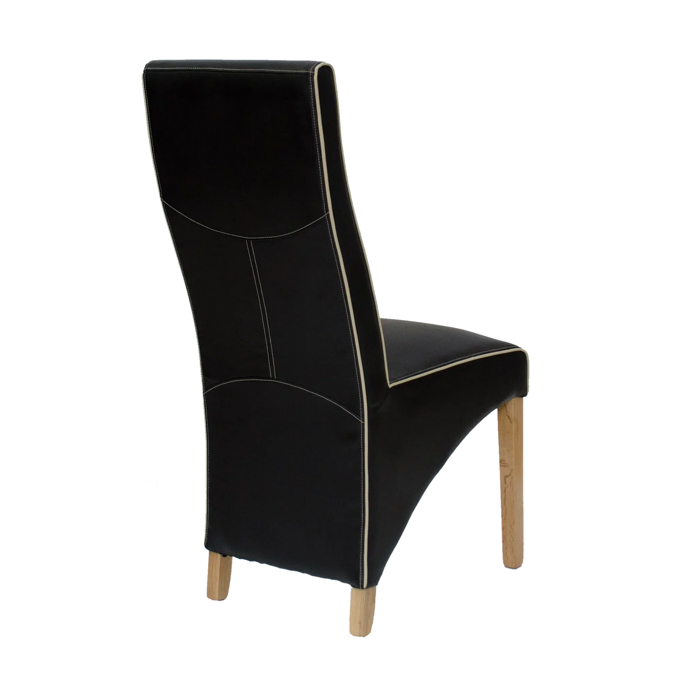 Black leather dining chair with light wood legs and contrasting stitching, rear side view
