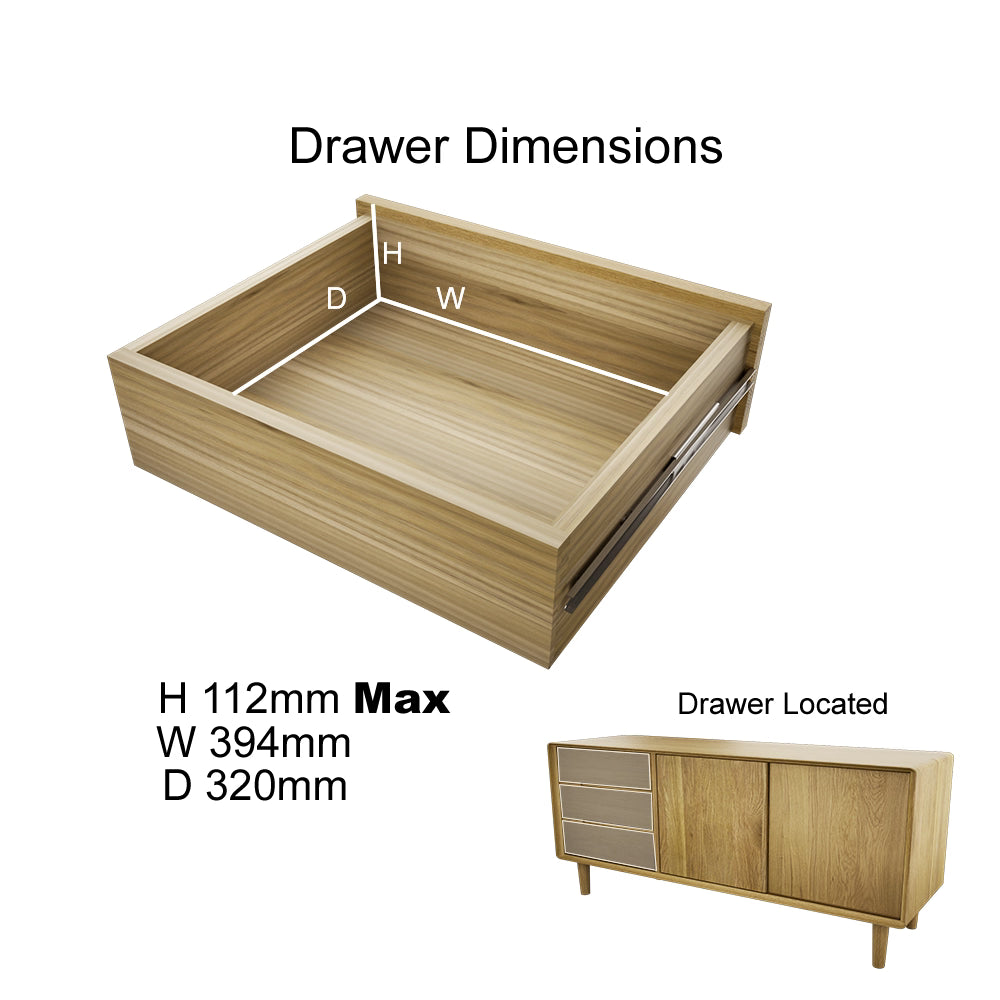 Oak sideboard open drawer with dimensions labeled, showing drawer location and measurements