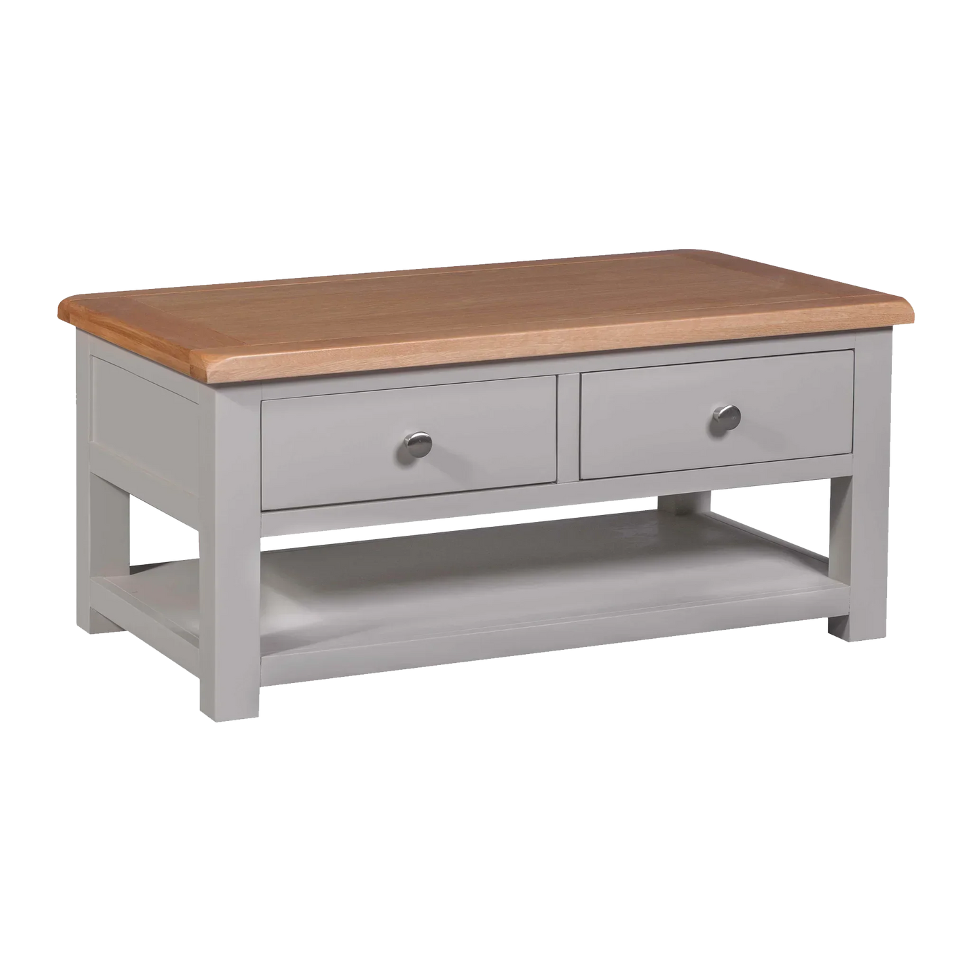 Grey wooden coffee table with two drawers, oak top, and lower storage shelf