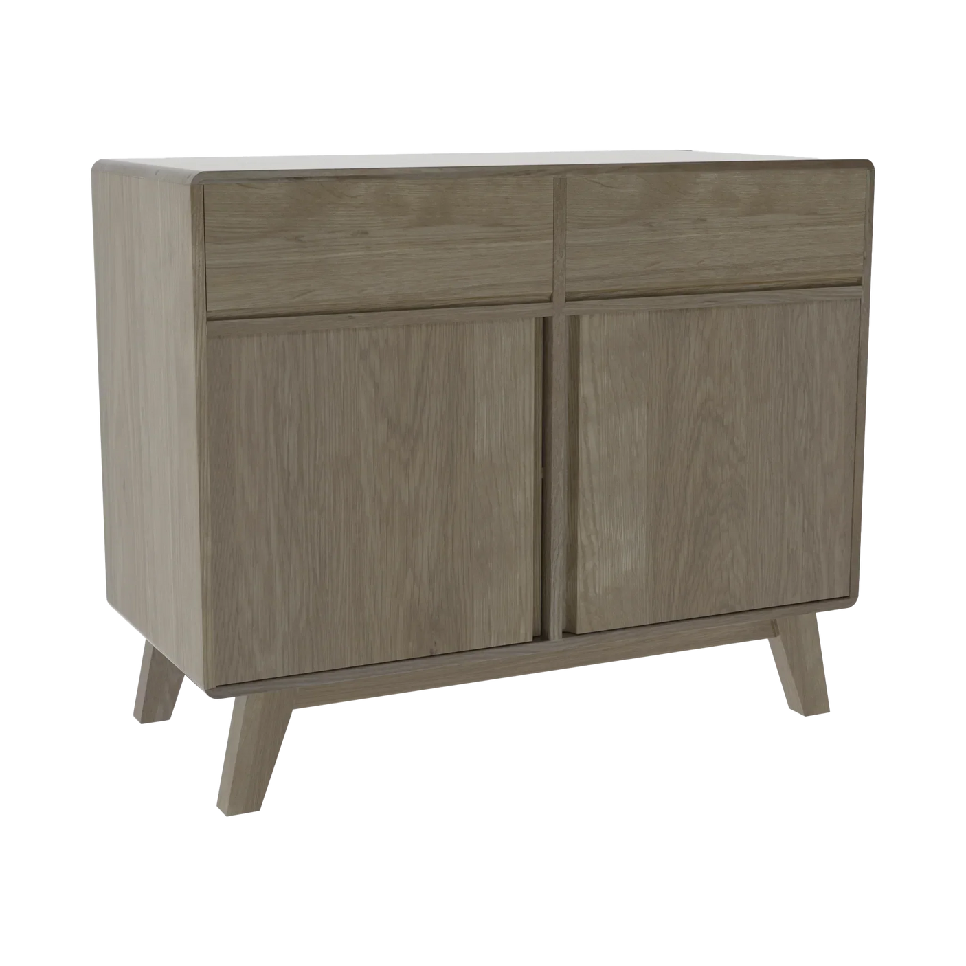 Oak sideboard with two drawers and two cabinet doors, angled legs, light wood finish