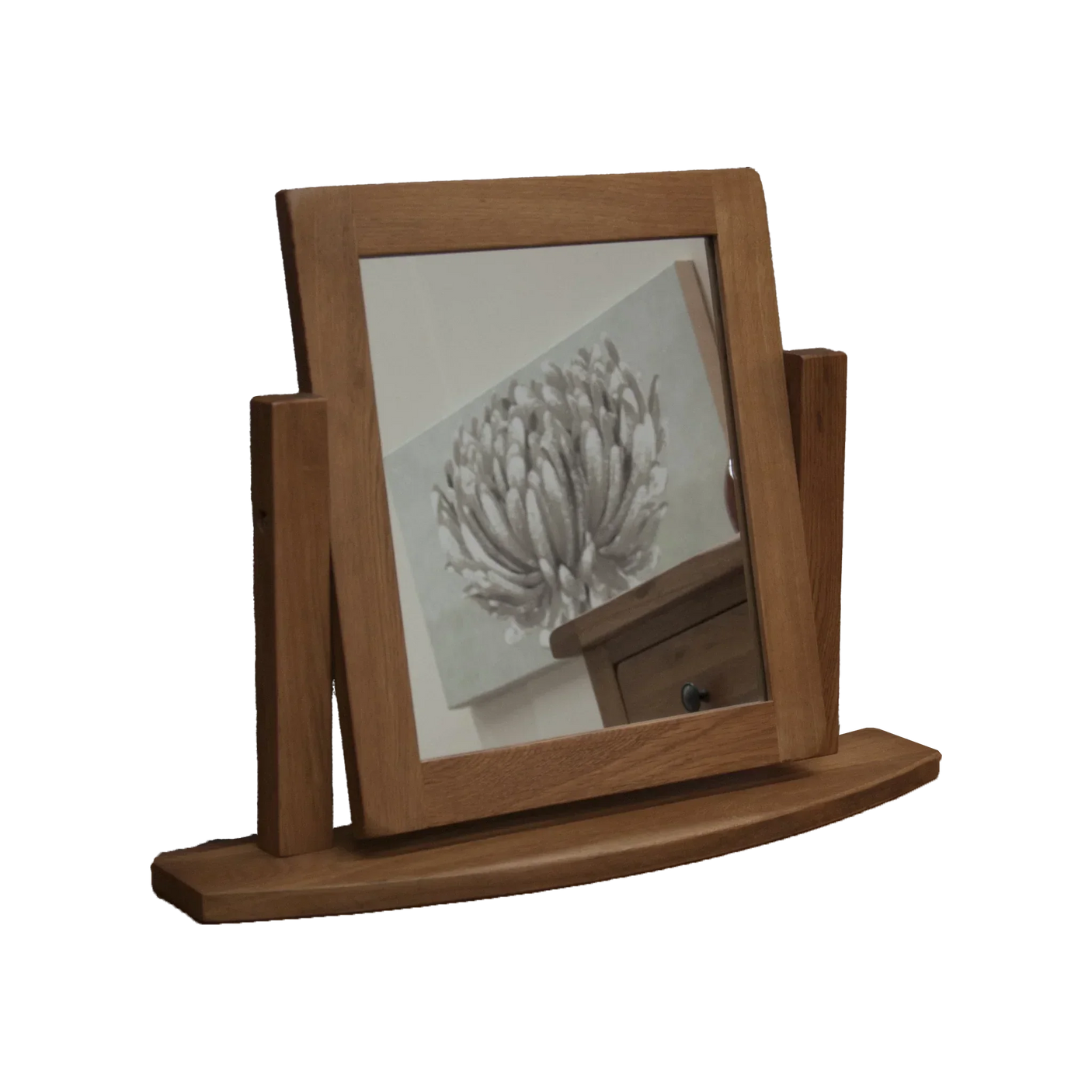 Oak dressing table mirror with rectangular frame and curved wooden base
