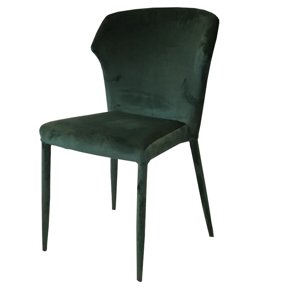 Green velvet dining chair with curved backrest and slim metal legs