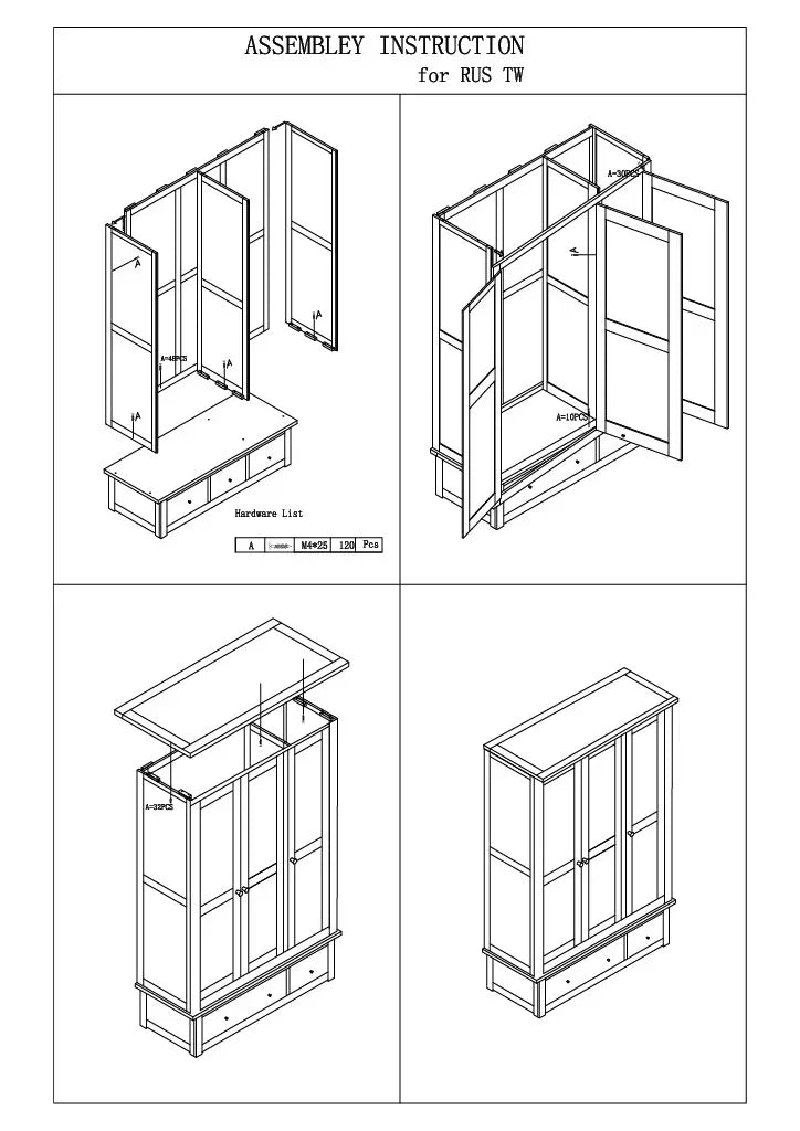 Wardrobe assembly instructions with panel doors, upper section, and bottom drawers illustrated
