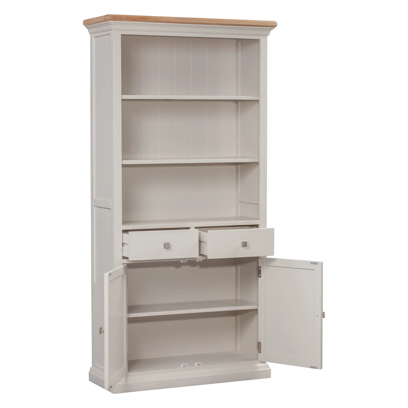 Tall white bookcase with open shelves, two drawers, and double door cabinet at base