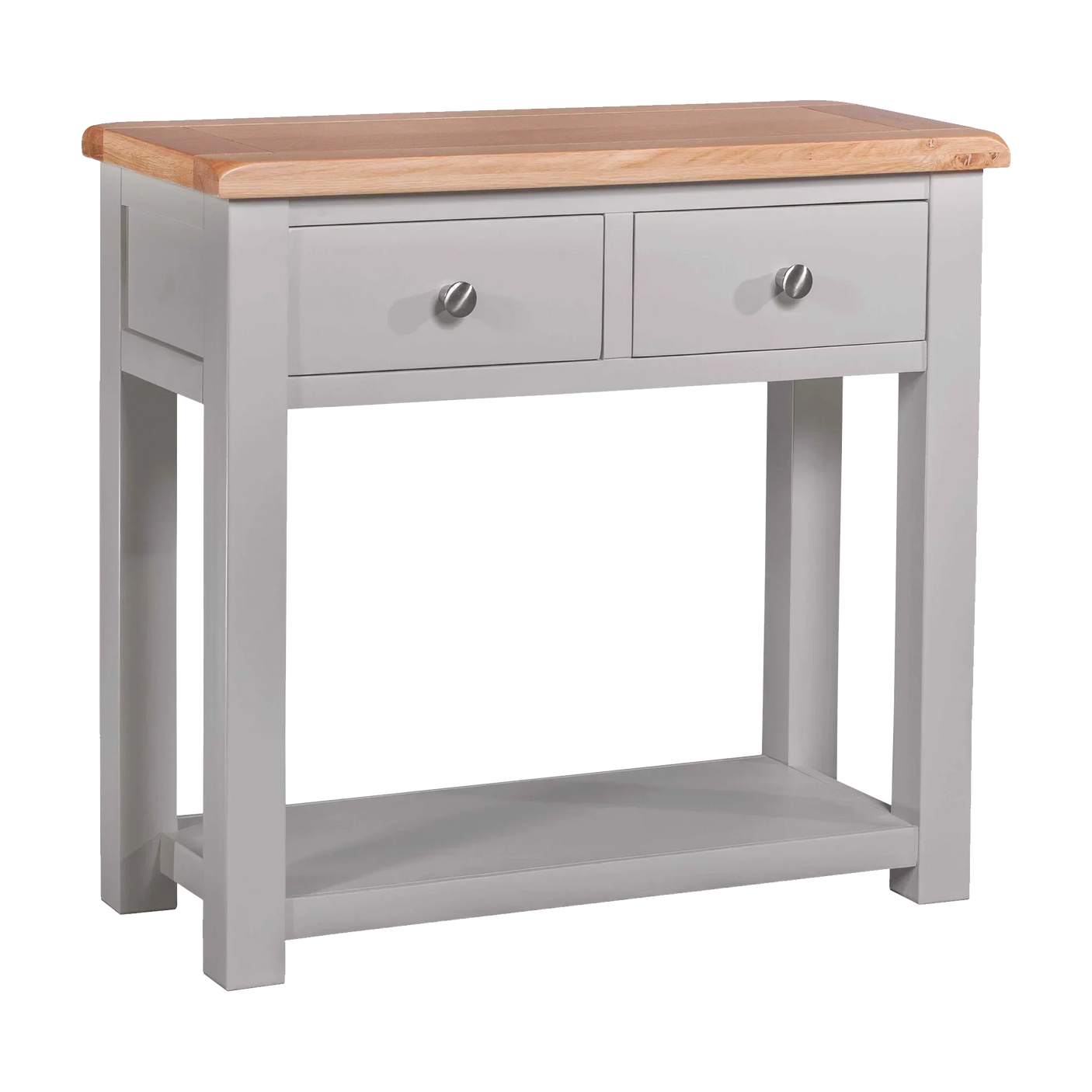 Grey wooden console table with two drawers and natural oak top