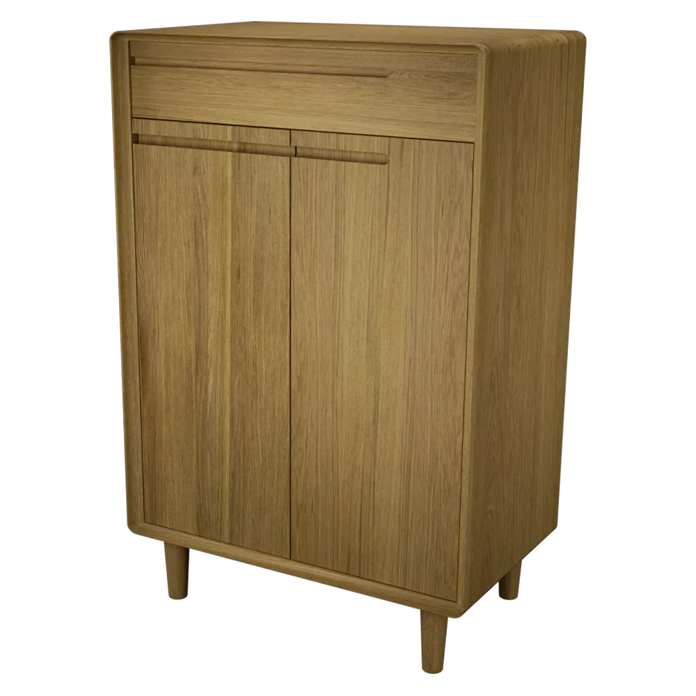 Oak wood storage cabinet with two doors, single drawer and four legs, front angle view
