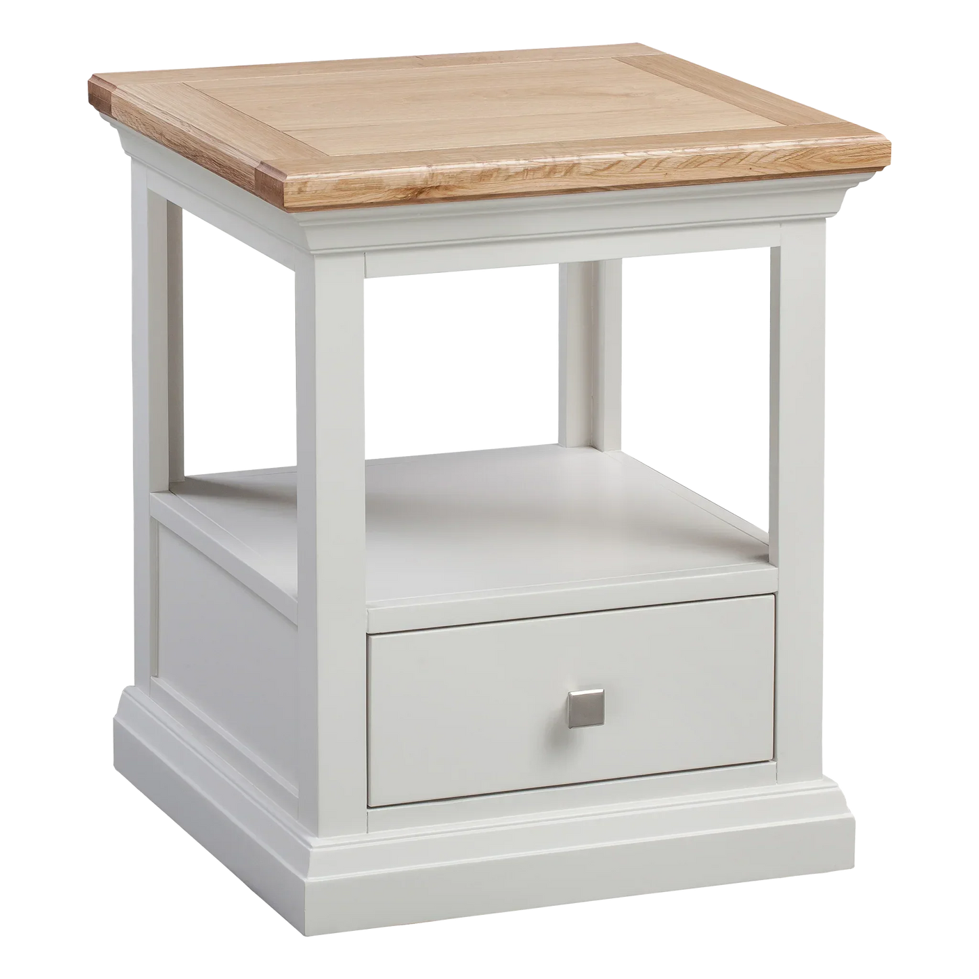 White wooden side table with oak top, open shelf and lower drawer with metal handle