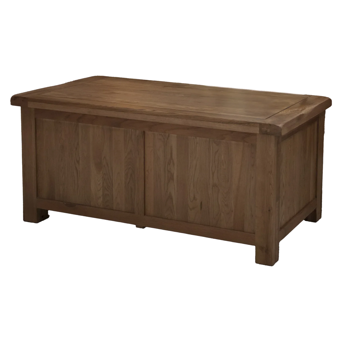 Rectangular oak blanket box with paneled sides and lift-up storage lid