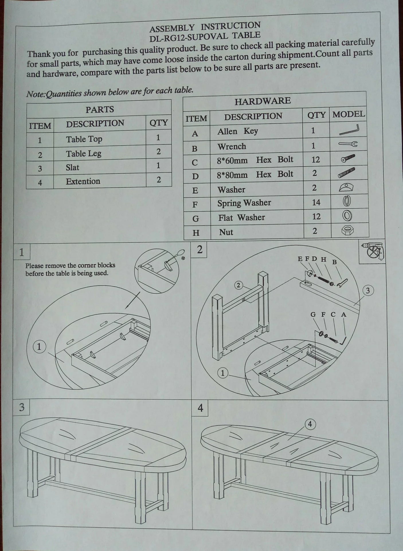 Instruction sheet with hardware list and step-by-step table assembly diagrams for dining table