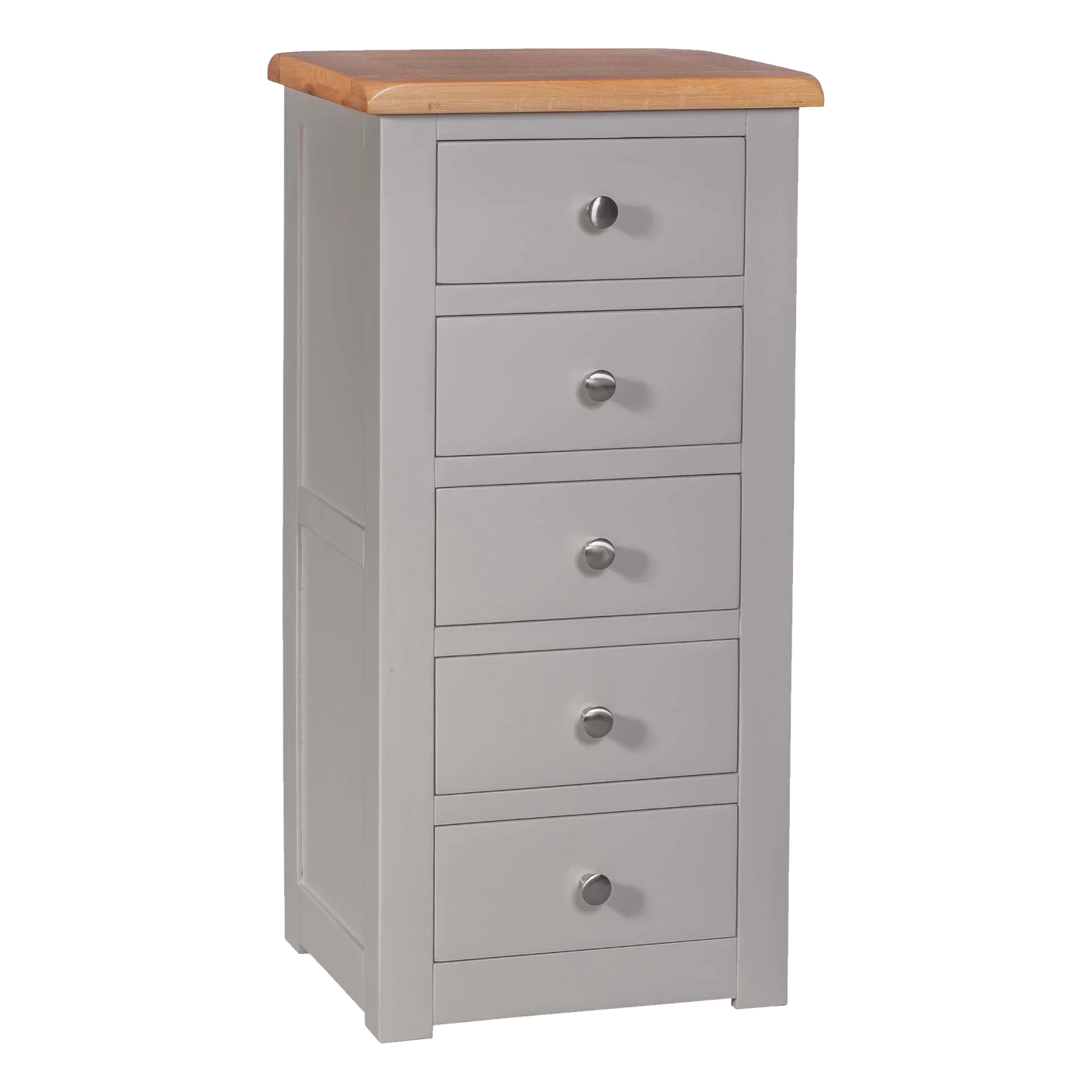 Grey tallboy chest of drawers with five drawers and natural wood top