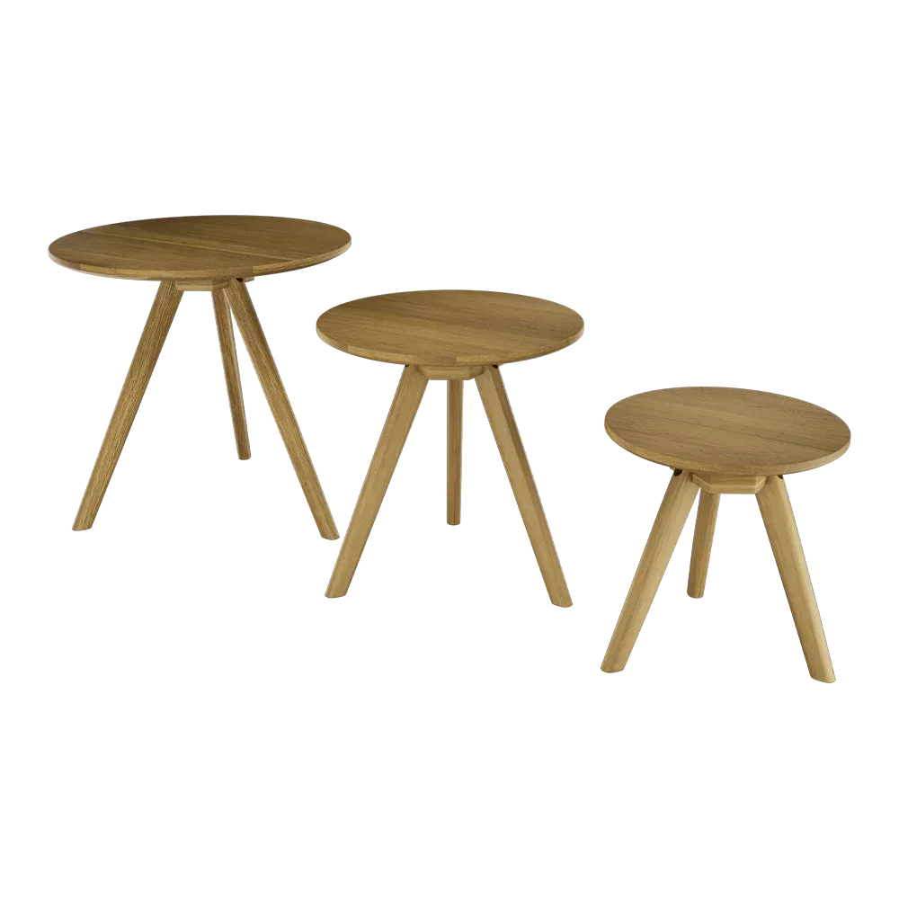 Set of three round oak side tables with tripod legs in different heights