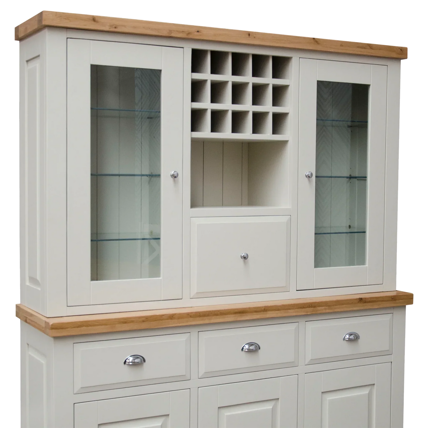 Cream painted kitchen dresser with glass doors, oak top and wine rack