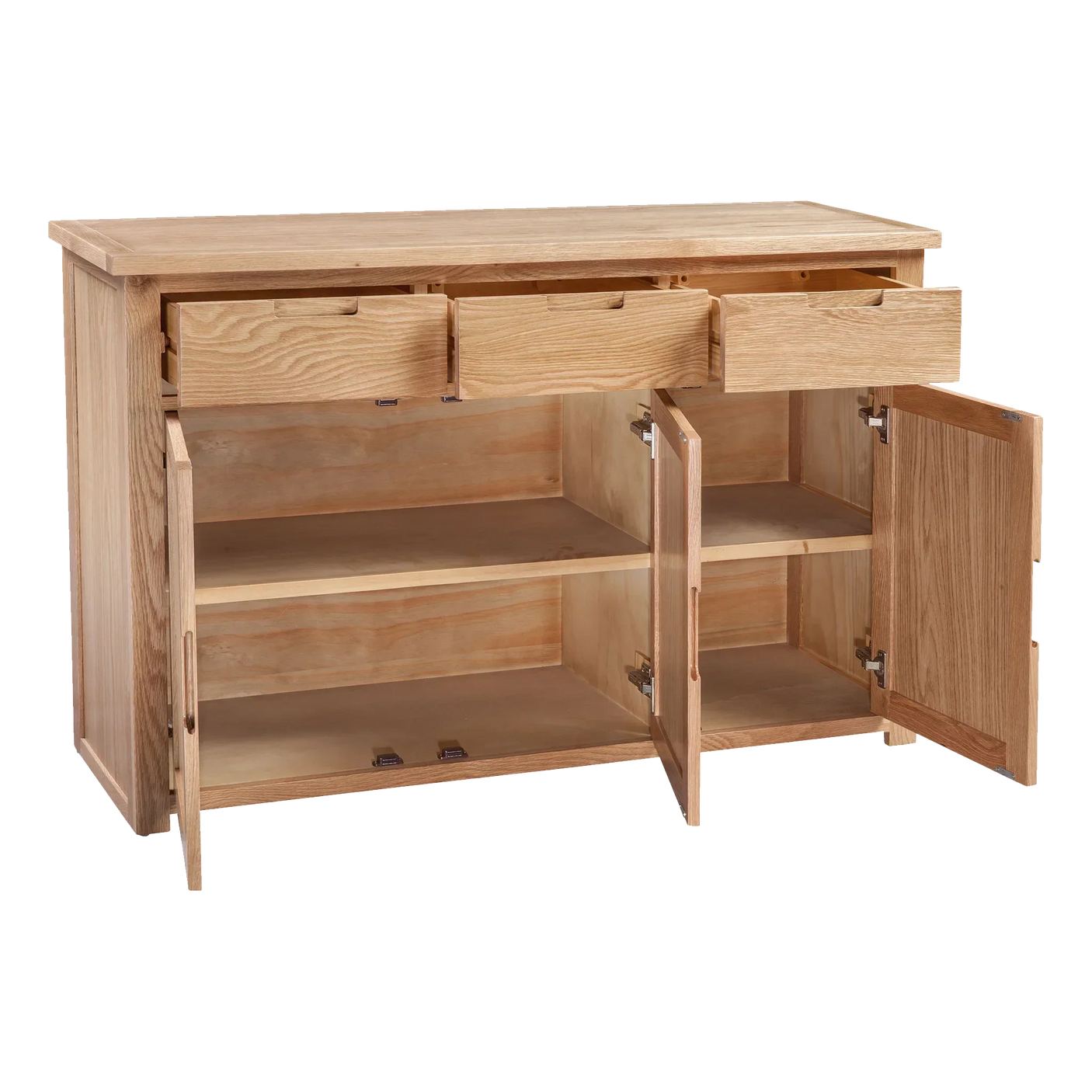 Oak sideboard with three open drawers and double doors showing interior shelves