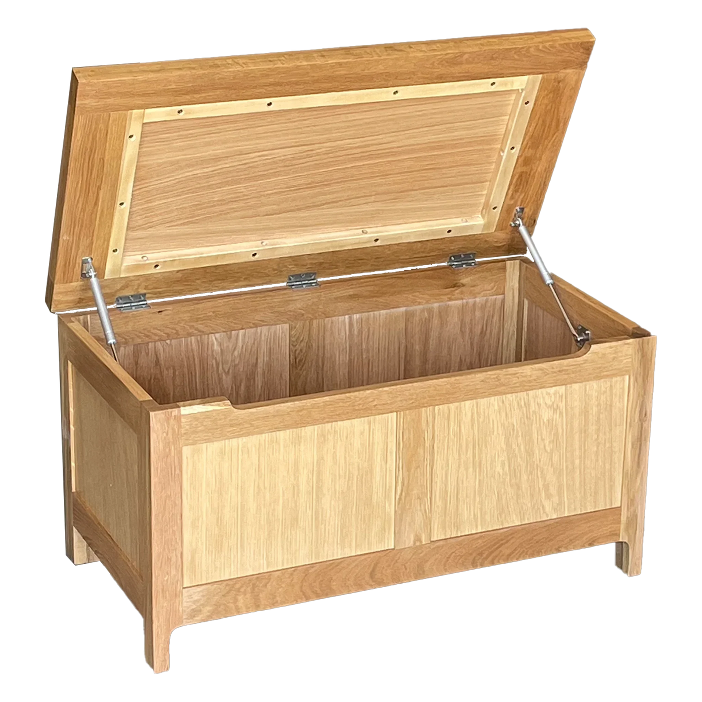 Solid oak blanket box with hinged lid and panel detail, shown open for storage