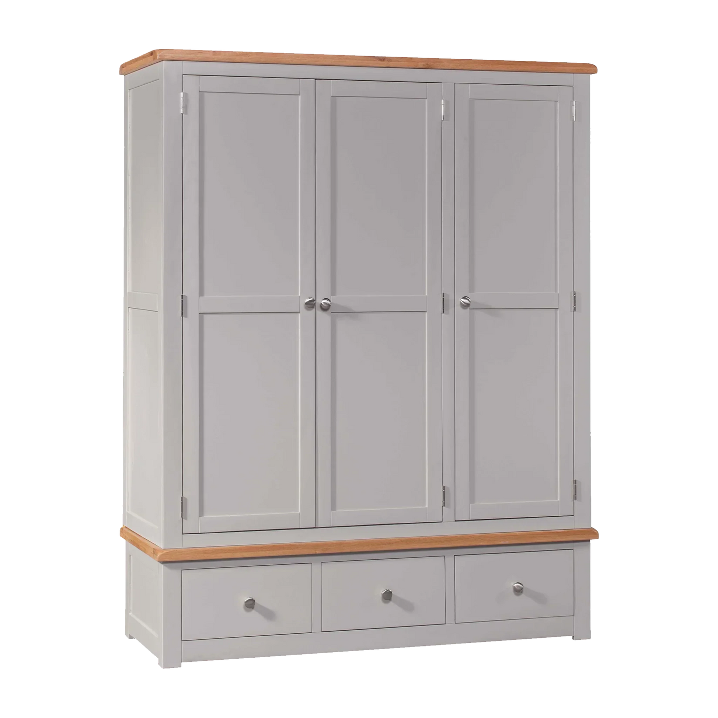 Grey wooden wardrobe with three doors and three drawers, oak top and chrome handles