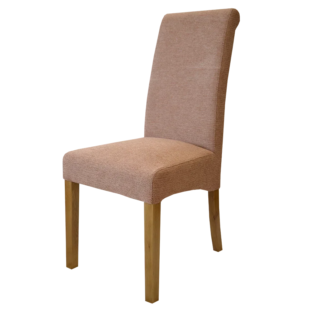 Fabric dining chair with oak legs and cushioned seat, angled side view