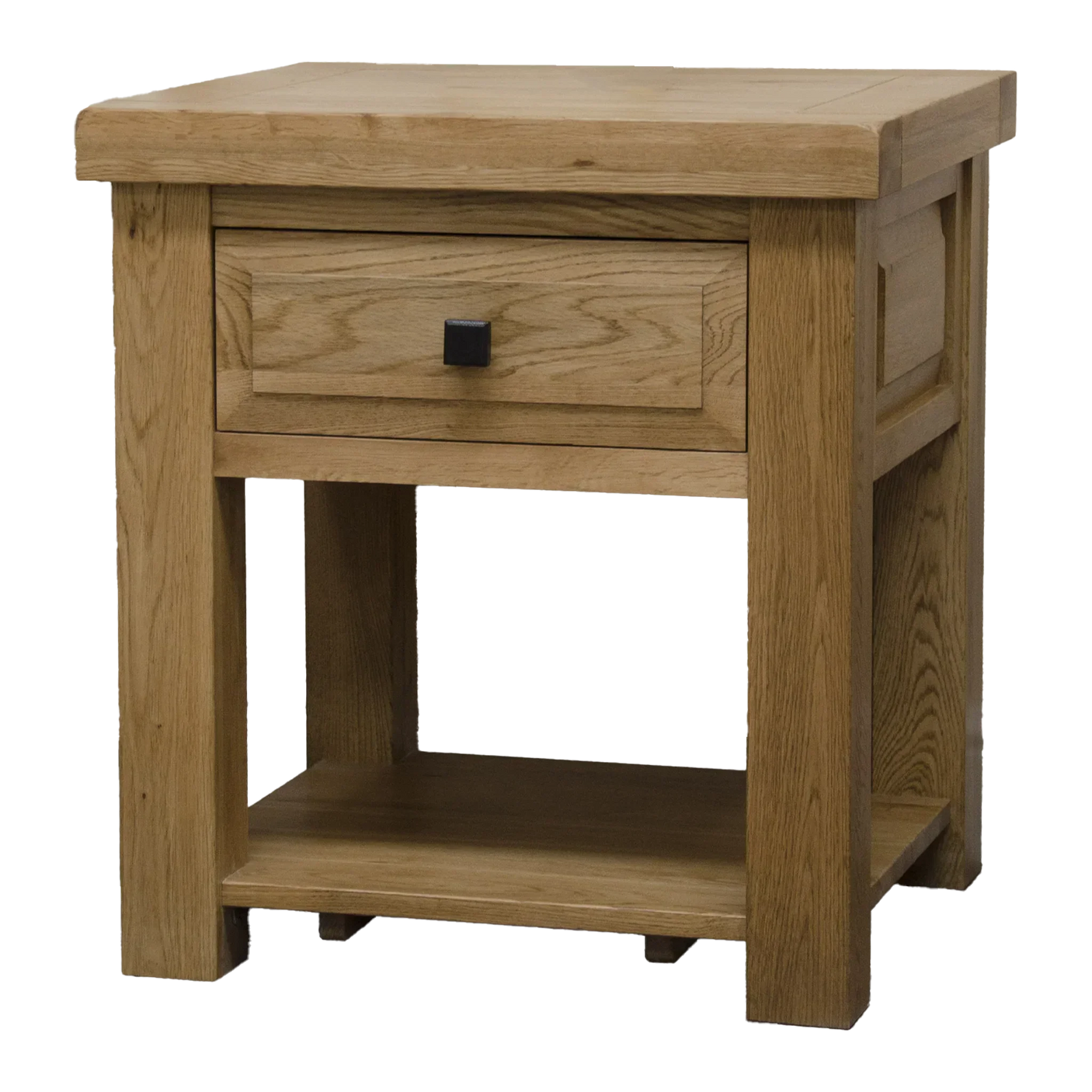 Solid oak bedside table with single drawer and lower shelf, straight wood grain finish