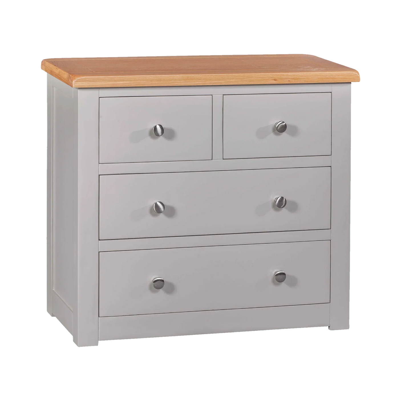 Grey chest of drawers with four drawers and oak wood top, modern bedroom furniture