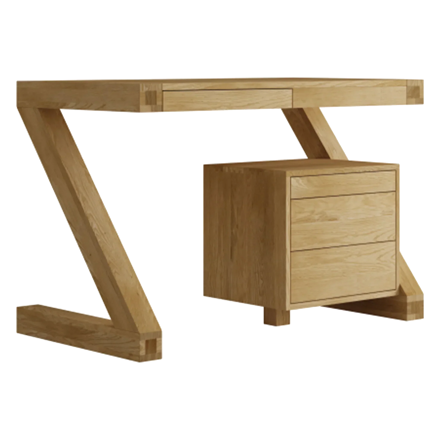 Oak wood desk with three drawer pedestal and angled legs, modern home office furniture