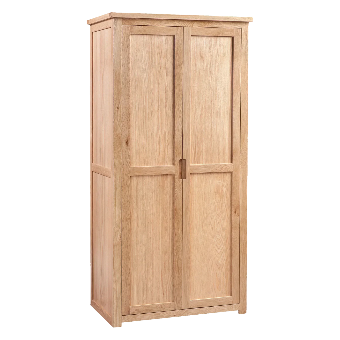 Natural oak wardrobe with two panel doors and recessed handle, front angle view