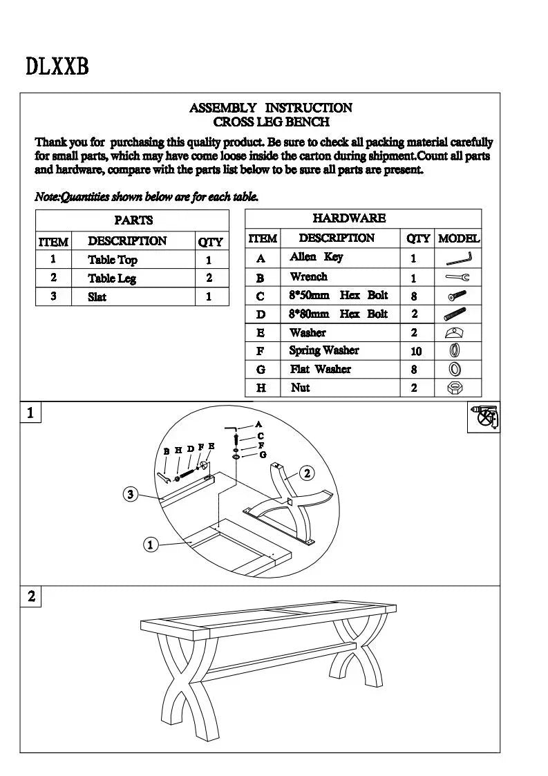 Cross leg bench assembly instructions with parts list, hardware chart, and assembly diagram