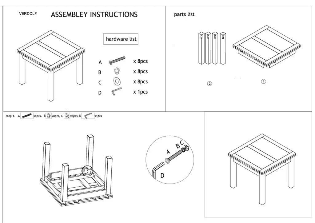 Square dining table assembly instructions with parts and hardware list diagrams