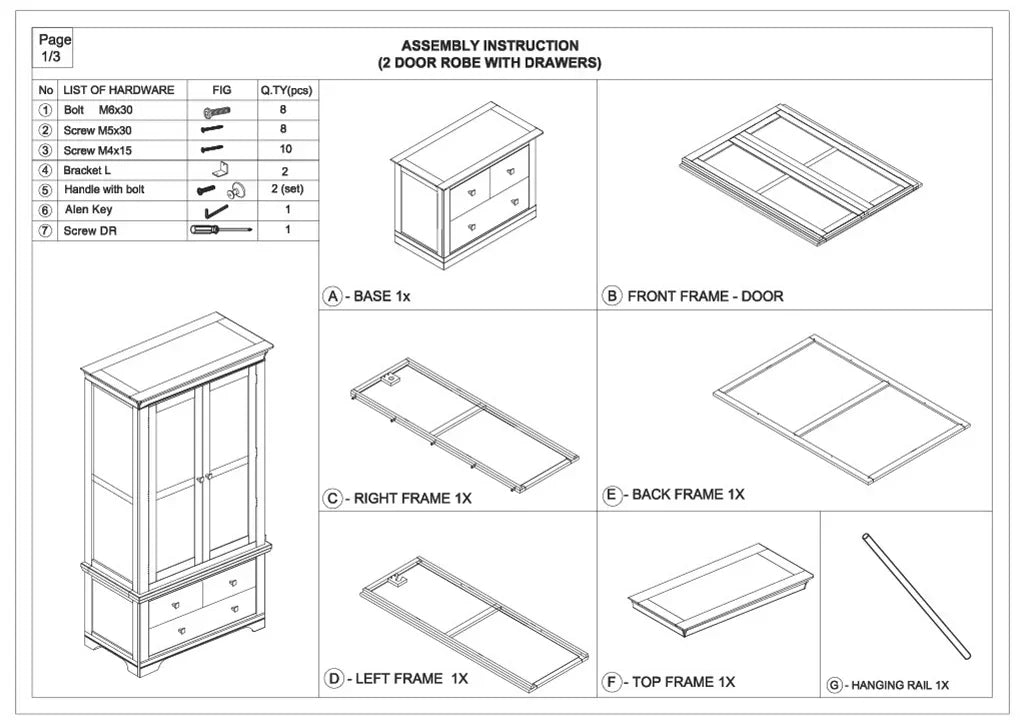 Wardrobe assembly instructions showing parts and hardware for 2 door robe with drawers