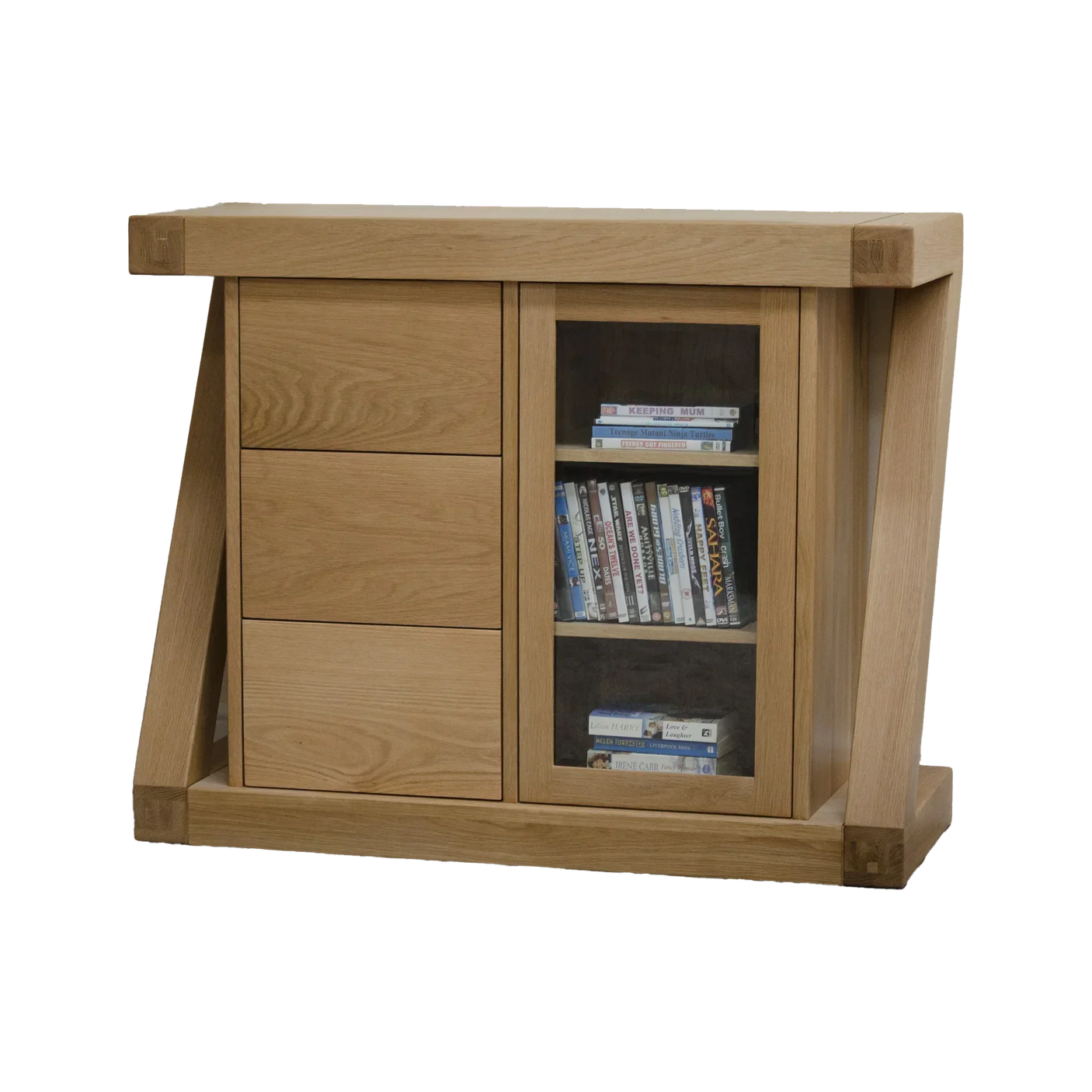 Oak sideboard with three drawers and a glass door display cabinet holding DVDs