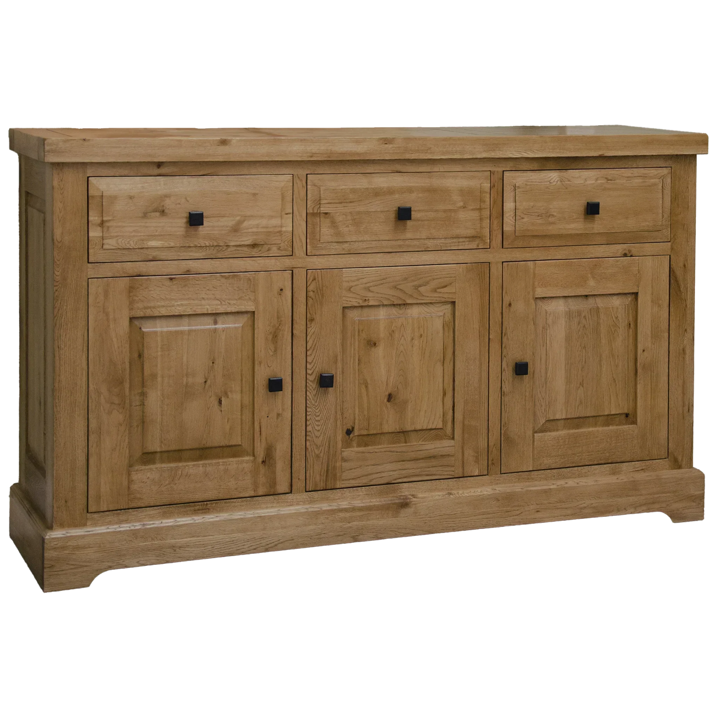 Oak sideboard with three drawers and three cupboards, featuring black square handles