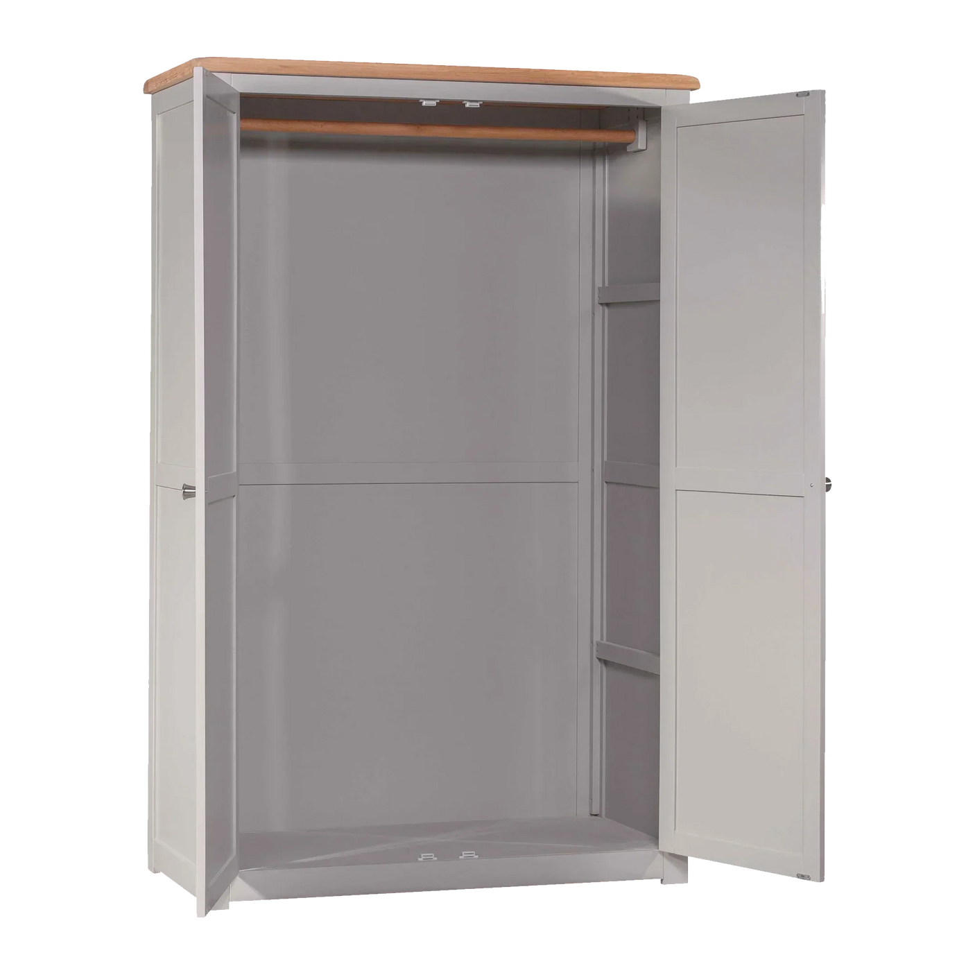 Grey wardrobe with double doors open, wood top and hanging rail, empty interior