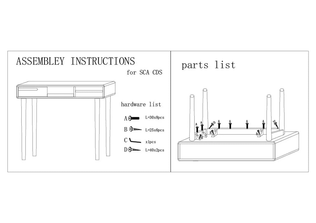 Desk assembly instructions with parts list, screws, and step-by-step hardware diagram