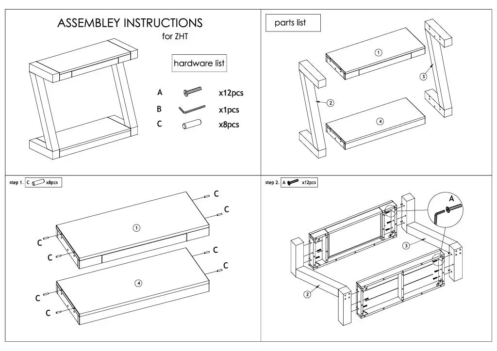 Wooden console table assembly instructions with parts list and hardware details