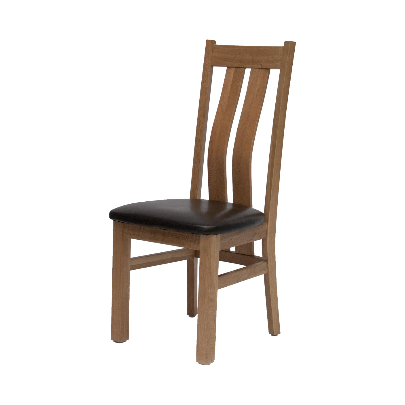 Oak dining chair with dark cushioned seat and slatted backrest, angled side view