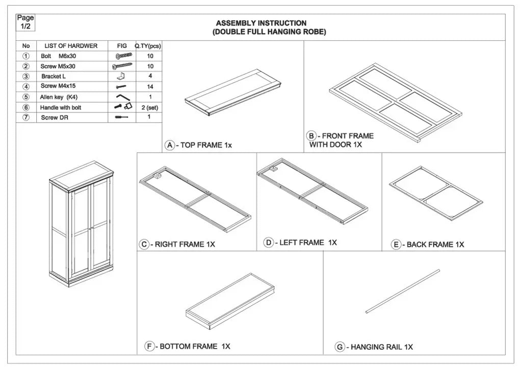 Double full hanging robe wardrobe assembly instructions with hardware and frame diagrams