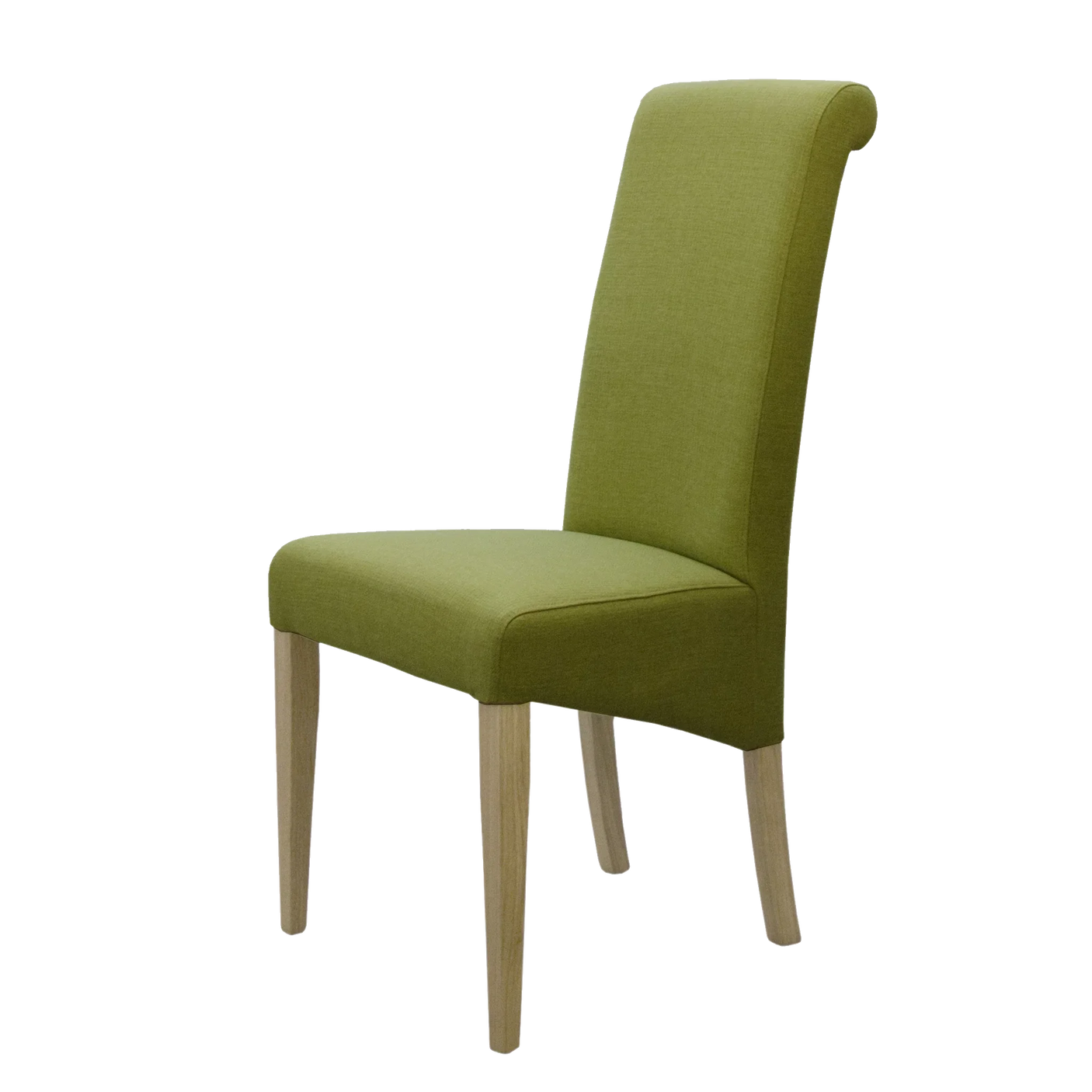 Green fabric dining chair with high back and light wood legs, side angle view