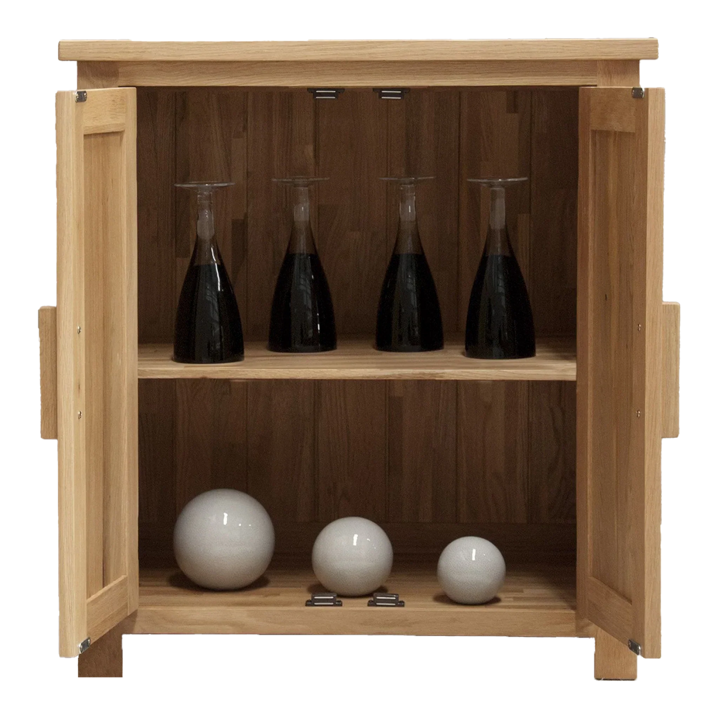 Oak display cabinet with open doors, wine glasses on top shelf, ceramic spheres below