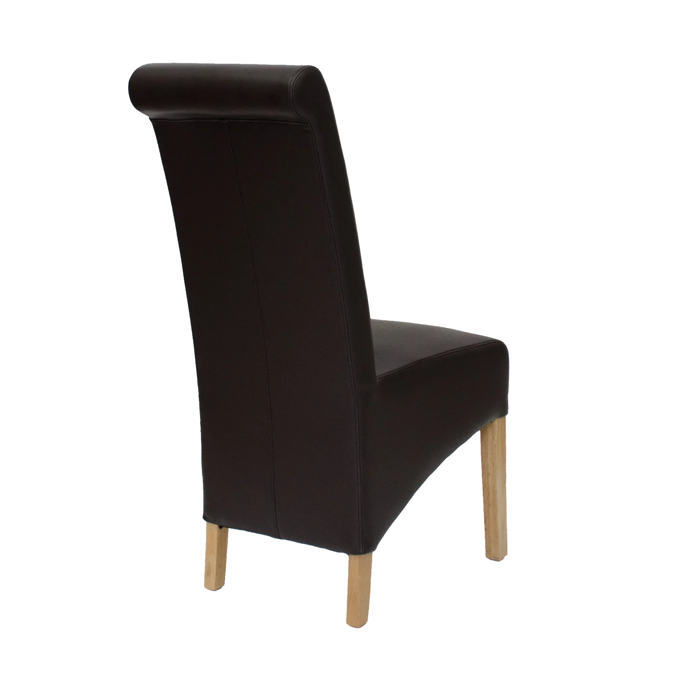Brown leather dining chair with oak legs rear angle view