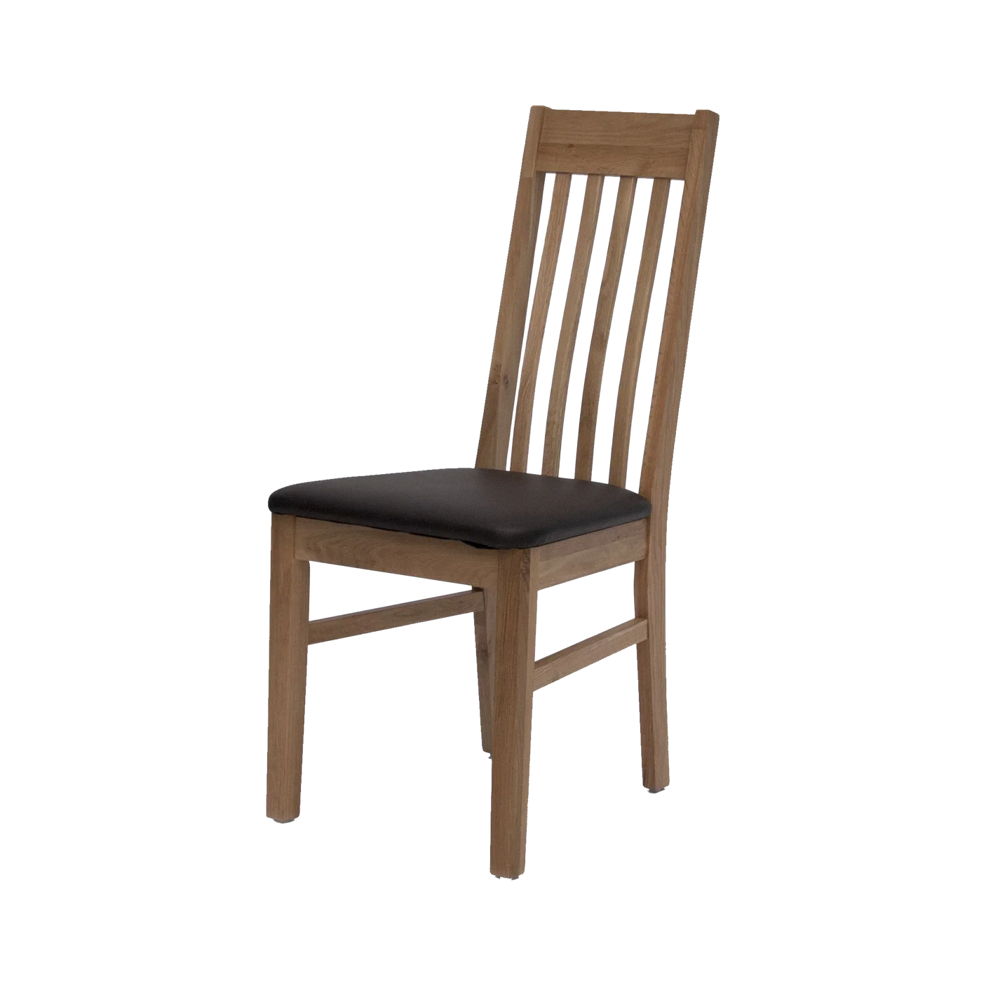 Oak dining chair with slatted back and black cushioned seat