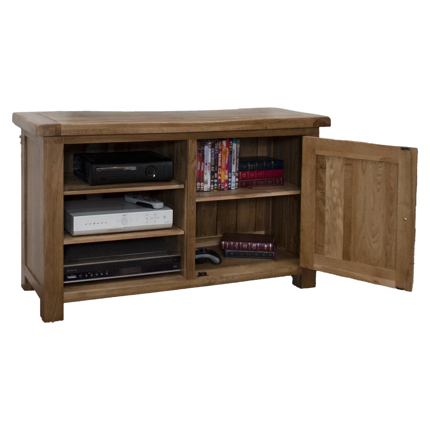 Oak TV unit with open shelving, cabinet door, and storage for media devices