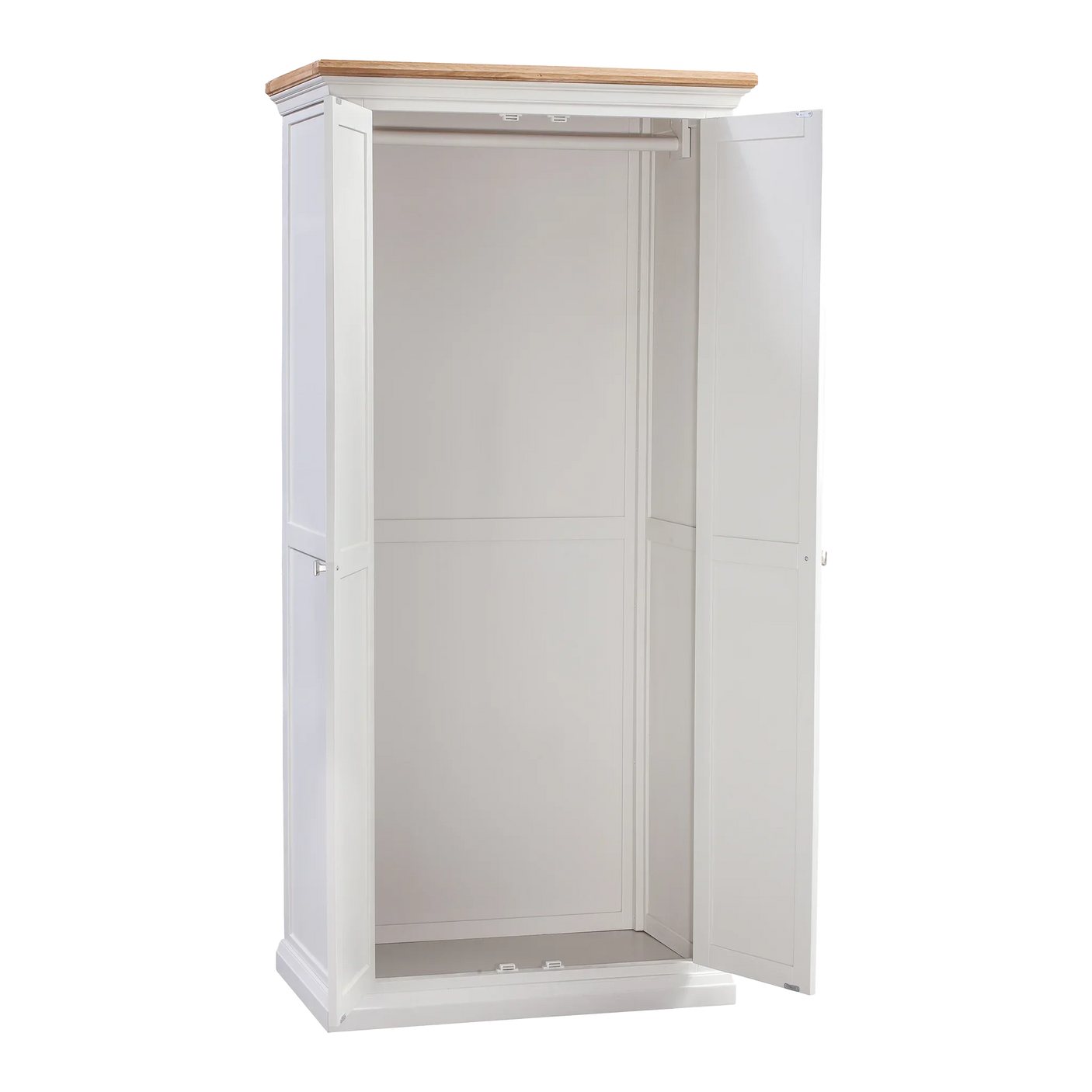 White wardrobe with open double doors and hanging rail, natural wood top, empty interior