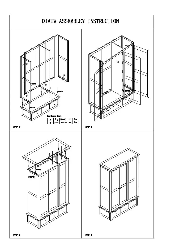 Wardrobe assembly instructions with hardware list and four illustrated construction steps