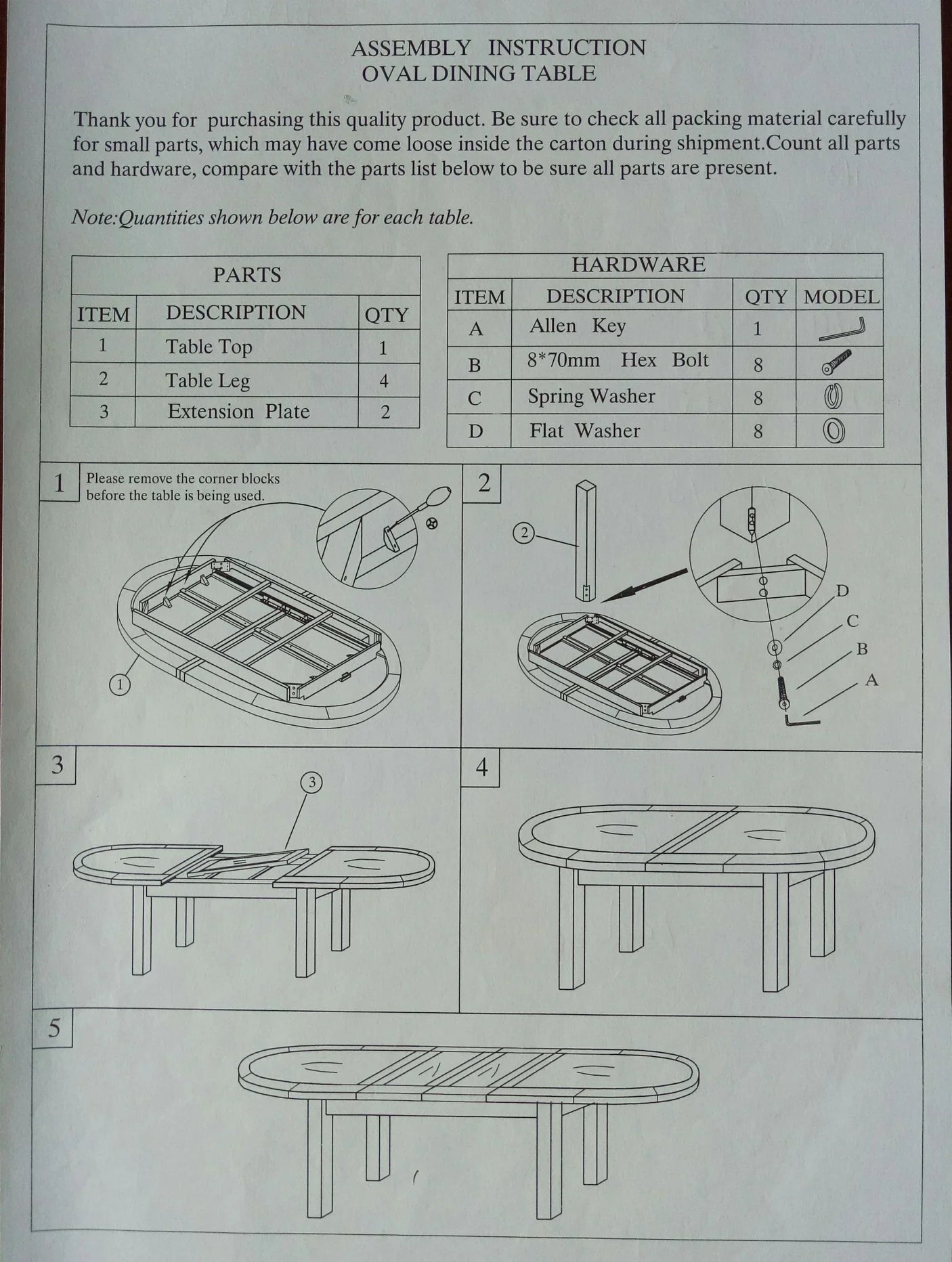 Oval dining table assembly instructions with parts list, hardware, and step-by-step diagrams