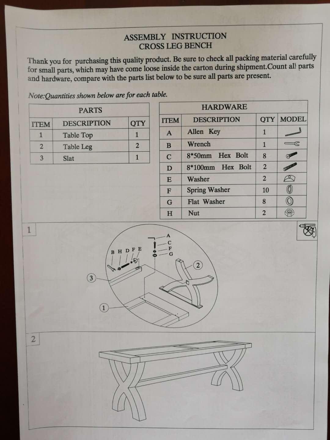 Assembly instructions sheet for cross leg bench with parts list, hardware, and diagrams