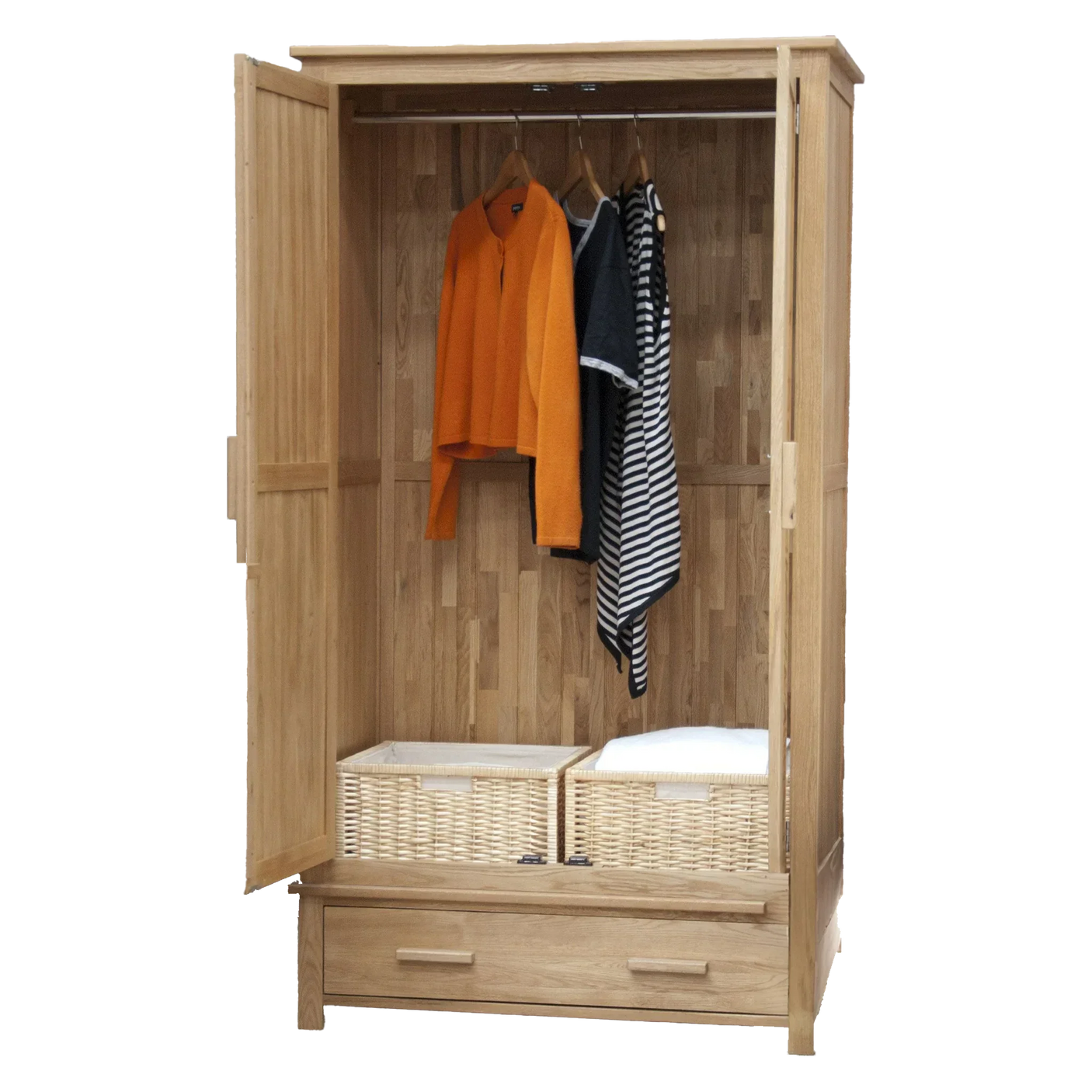 Oak wardrobe with open doors, hanging rail, two wicker baskets and clothes inside