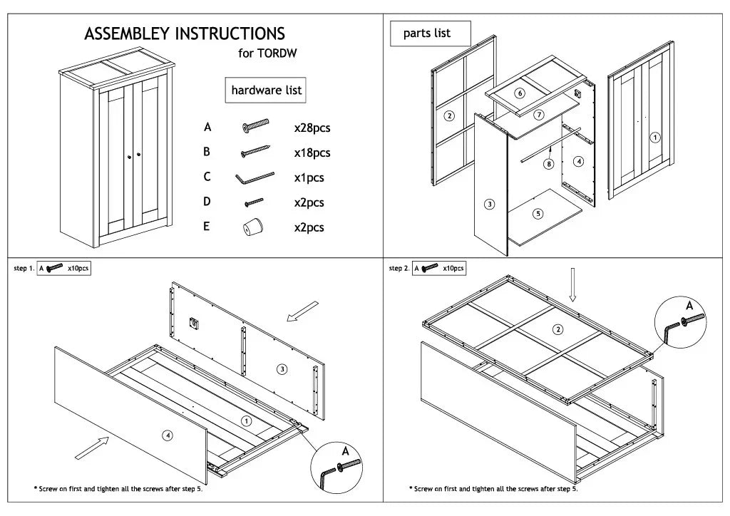 Wardrobe assembly instructions with hardware list and step-by-step furniture assembly diagrams