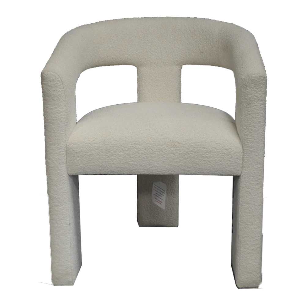 Ivory boucle accent chair with curved backrest and plush seat, front view