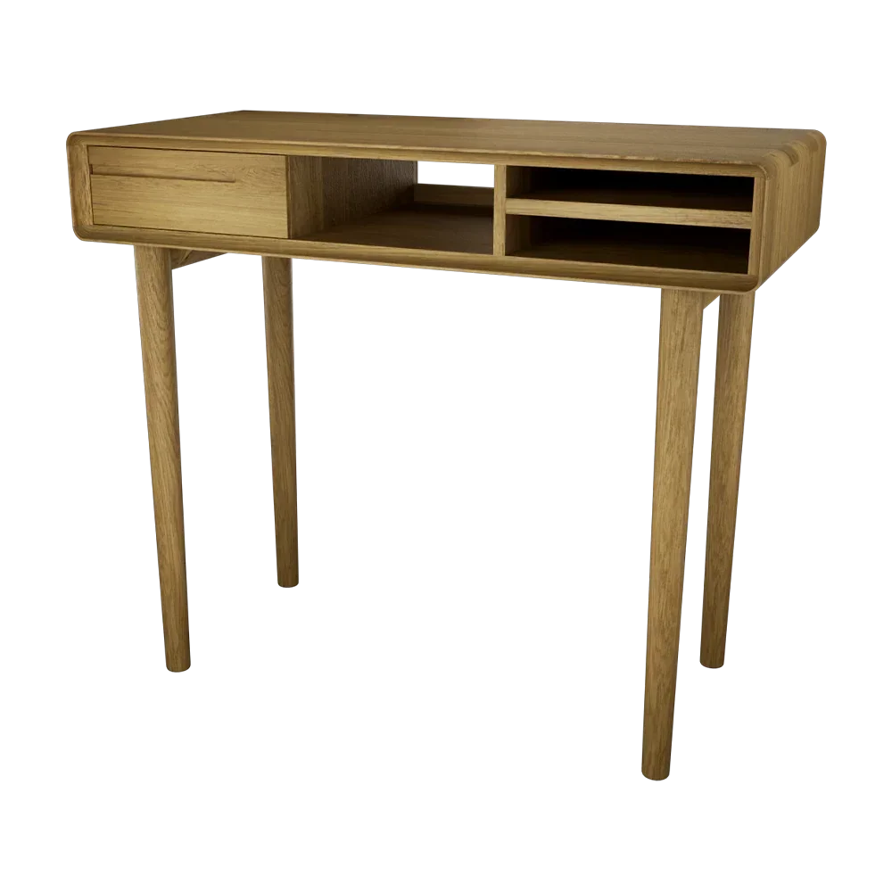 Oak writing desk with single drawer and open shelves, shown from front angle