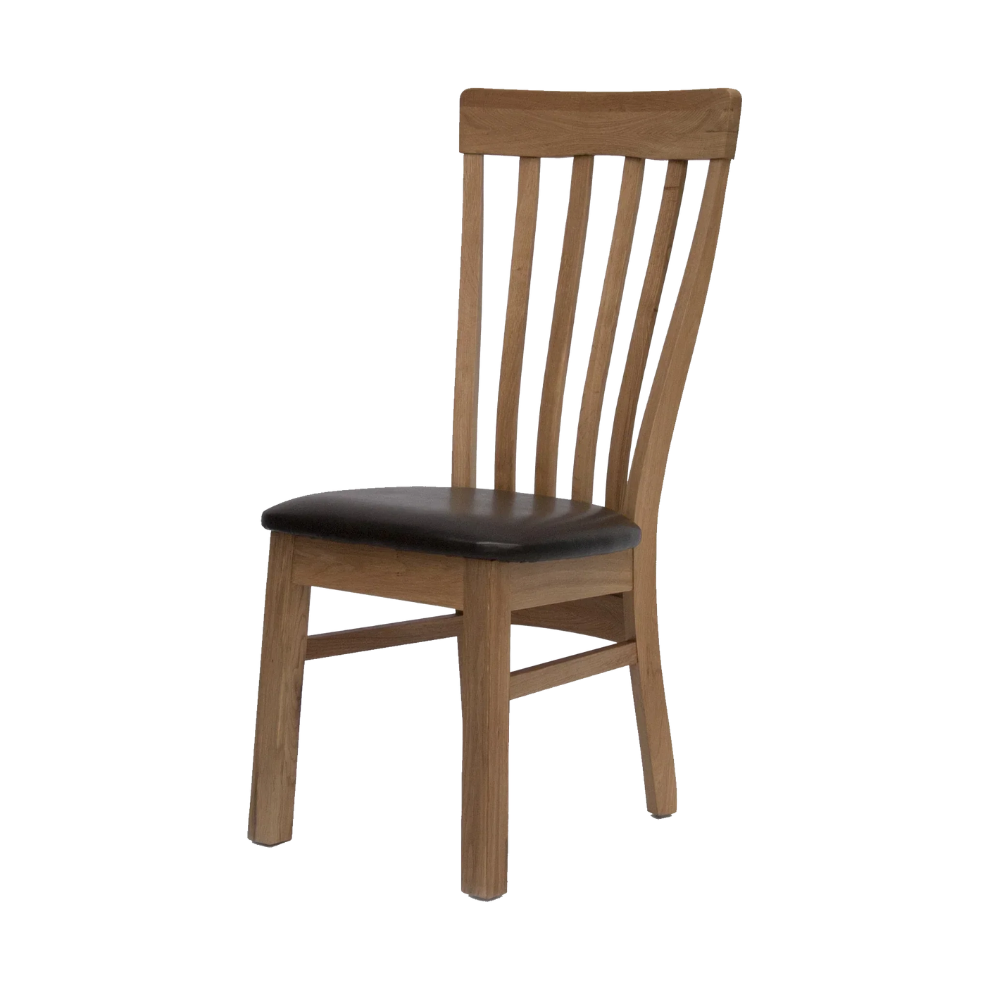Oak dining chair with black cushioned seat and slatted backrest on white background