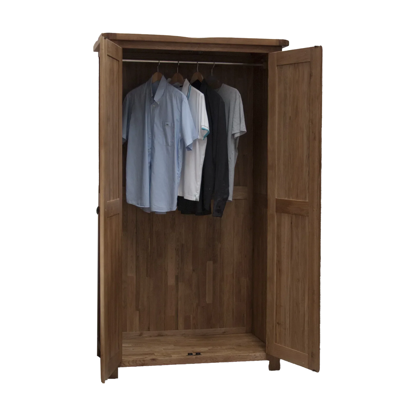 Wood wardrobe with hanging rail, two doors open, shirts on hangers inside