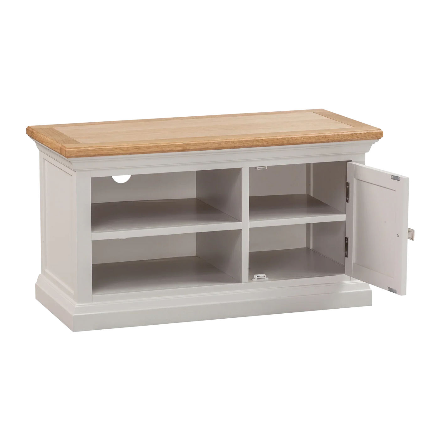 White wooden TV unit with oak top, four open shelves, right side door open
